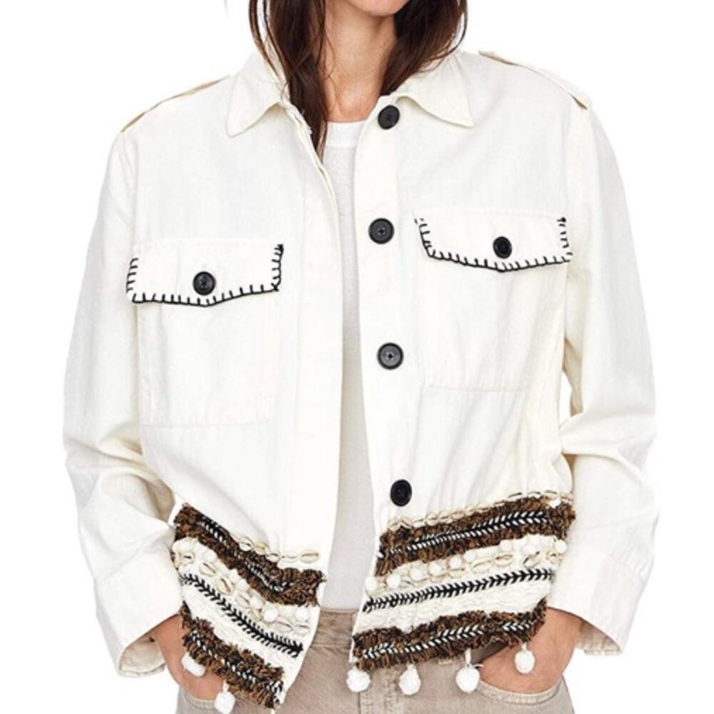 Zara Womens SZ S Jacket white brown emblished seashells tassels button beach - Picture 1 of 7